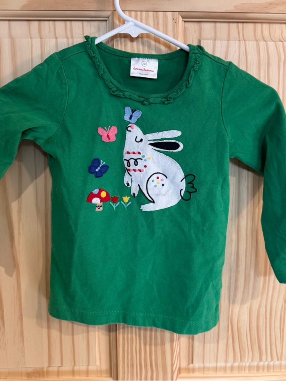 Hanna Andersson Green Bunny Applique Ruffle Neck Long Sleeve Shirt Kids 100 4T